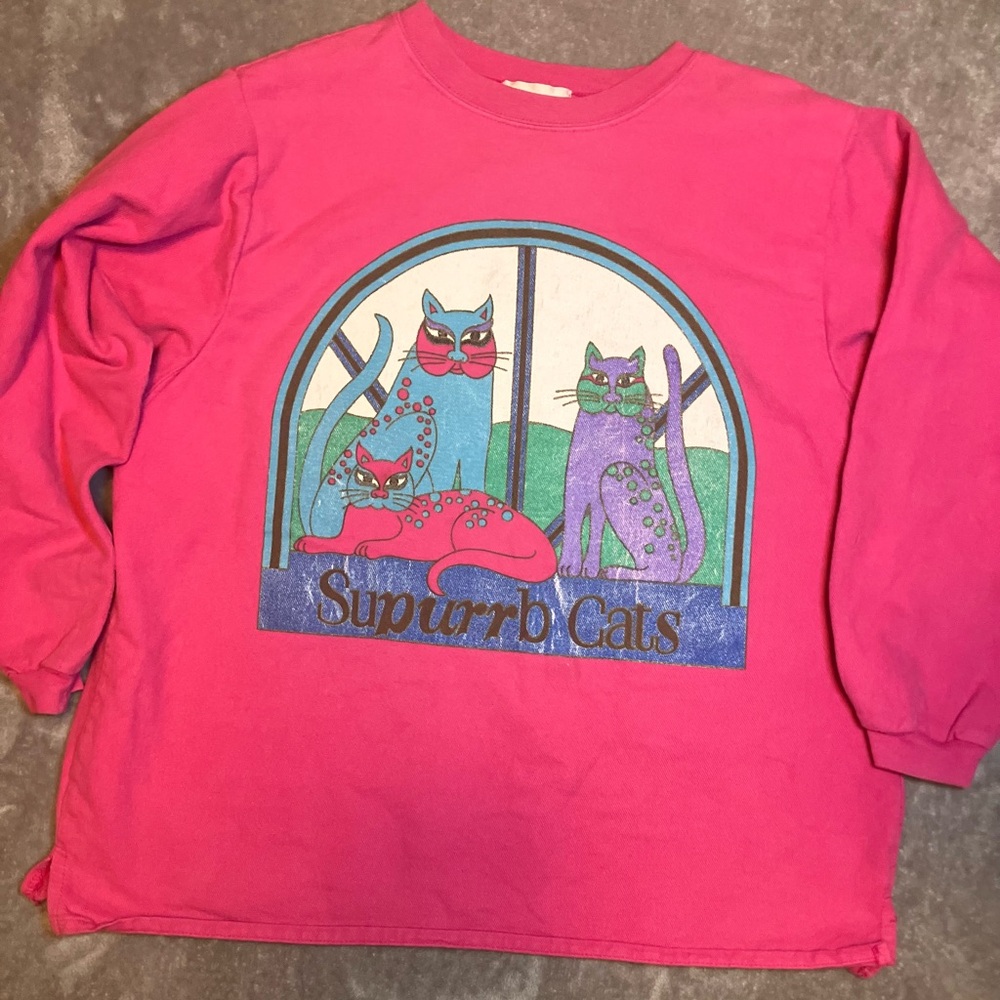 VNTG‎ 80s Large S.T.U.F. Concepts Cotton Pink Cat Artsy Sweatshirt USA Grandma